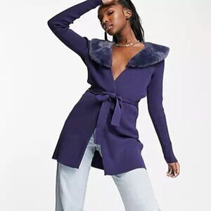 ASOS QED London Cardigan with Faux-Fur Collar
